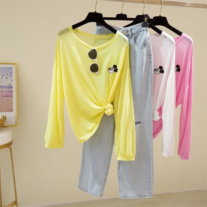 Long Sleeve Sunscreen T-Shirt Women Yellow Light Blue Pants Set — feature 7