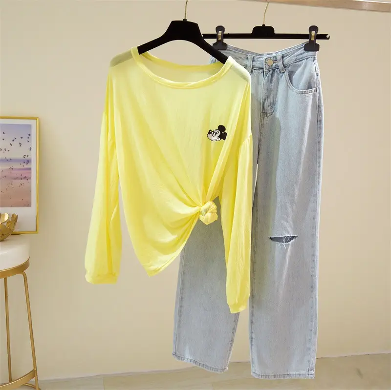 Long Sleeve Sunscreen T-Shirt Women Yellow Light Blue Pants Set — feature 9