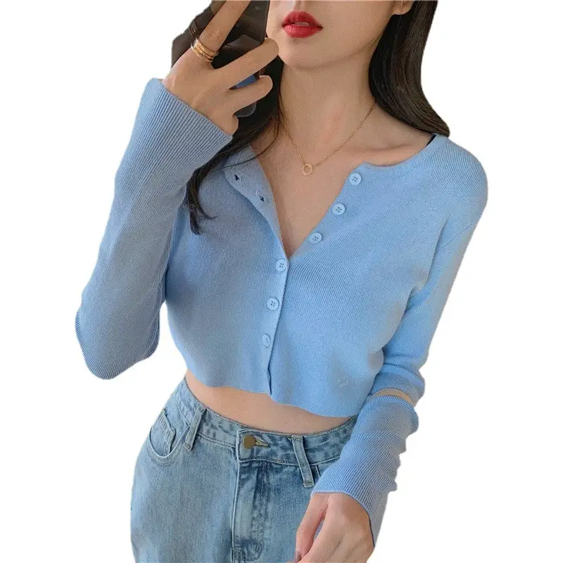 Women's Light Blue Knit V Neck Long Sleeve Top - Image 7