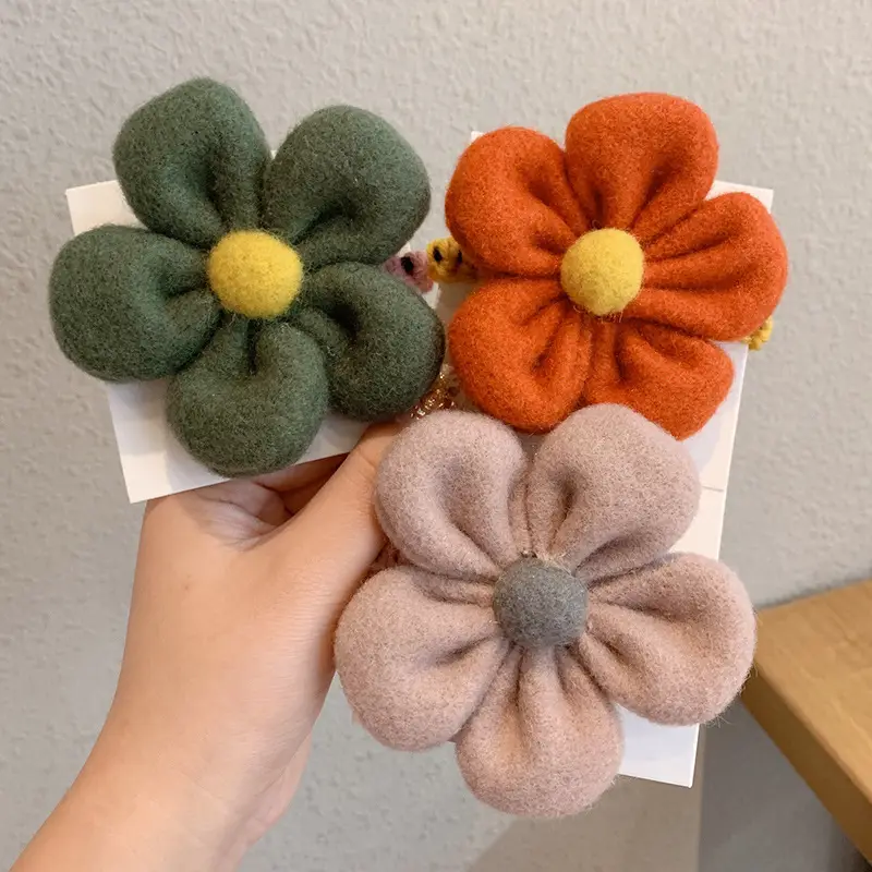 Plush Flower Hair Ropes for Women Green Yellow Beige - Image 5