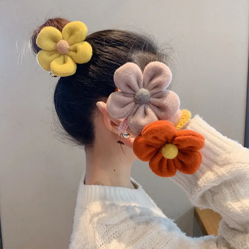 Plush Flower Hair Ropes for Women Green Yellow Beige - Image 6