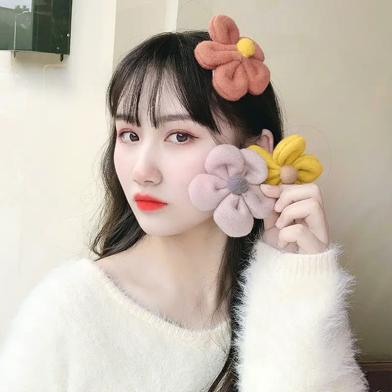 Plush Flower Hair Ropes for Women Green Yellow Beige - Image 7