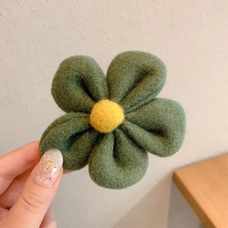 Plush Flower Hair Ropes for Women Green Yellow Beige - Image 2
