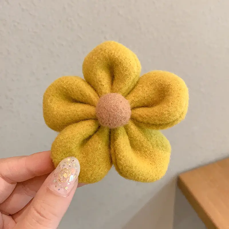 Plush Flower Hair Ropes for Women Green Yellow Beige - Image 3