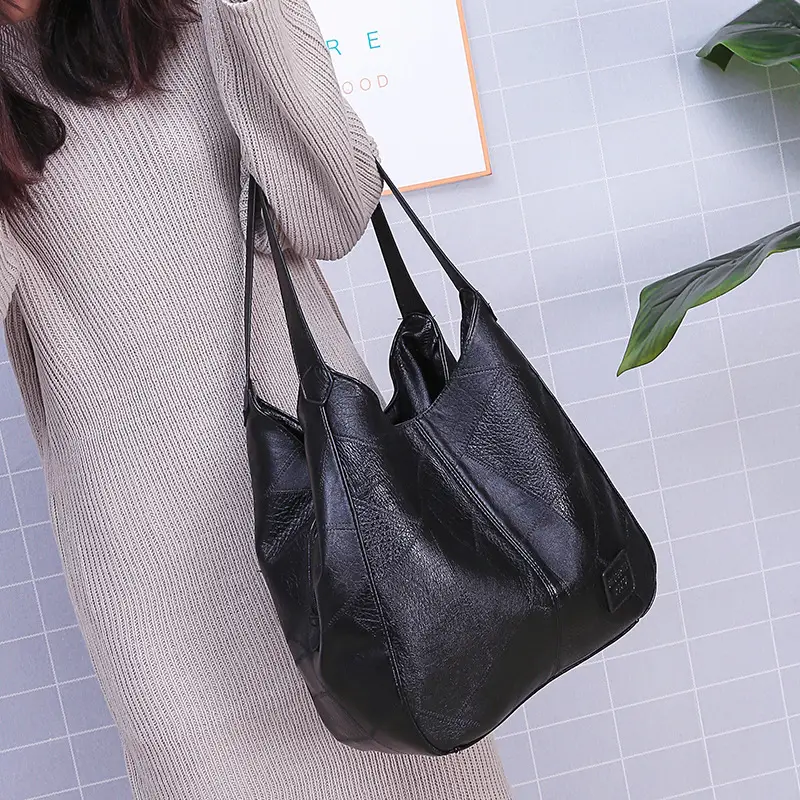 Black Leather Shoulder Bag with Multiple Compartments for Women - Image 5