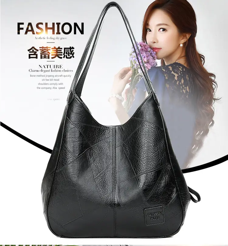 Black Leather Shoulder Bag with Multiple Compartments for Women — feature 3