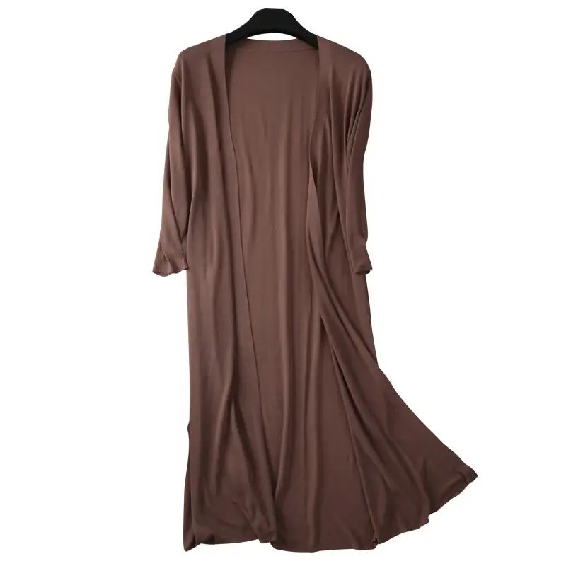 Brown Ice Silk Long Cardigan for Women Spring Autumn