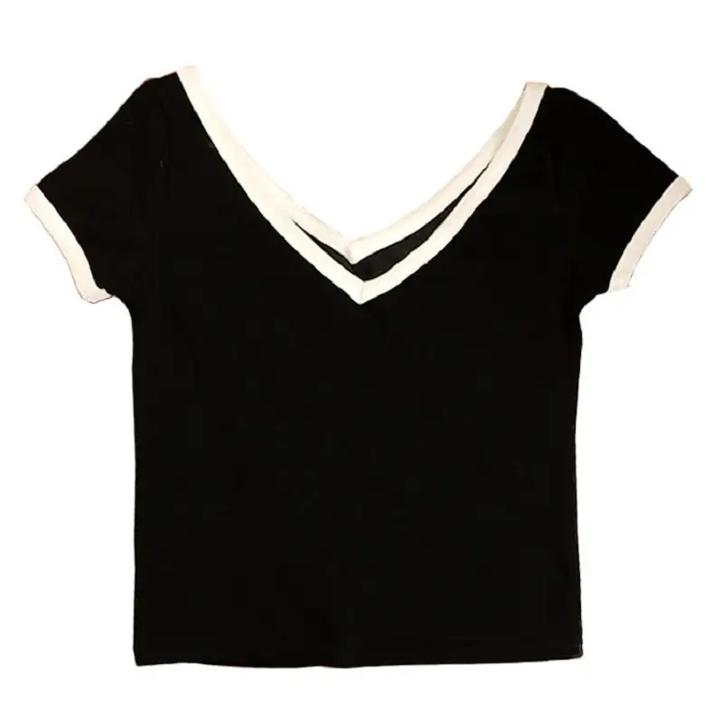 Women 95Cotton V-Neck Short Sleeve Top Black White Patchwork - Image 5