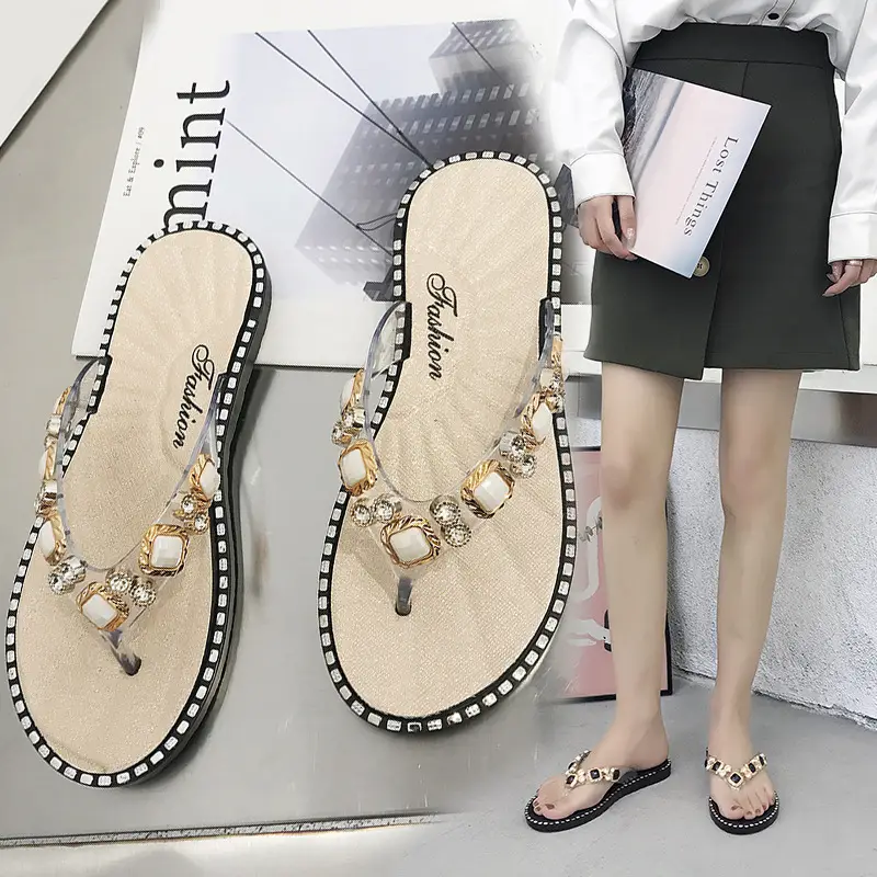 2022 Rhinestone Flip Flops for Women Black White - Image 4