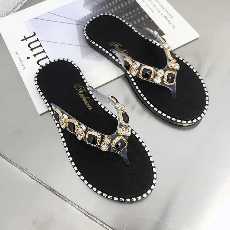 2022 Rhinestone Flip Flops for Women Black White - Image 2