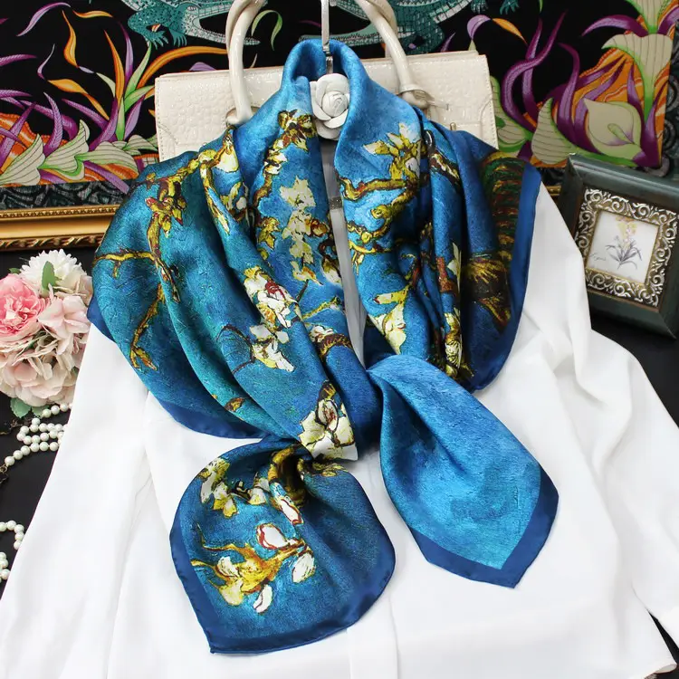 Blue Silk Scarf with Floral Pattern for Women - Image 4
