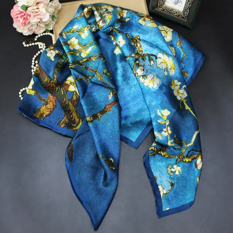 Blue Silk Scarf with Floral Pattern for Women - Image 5