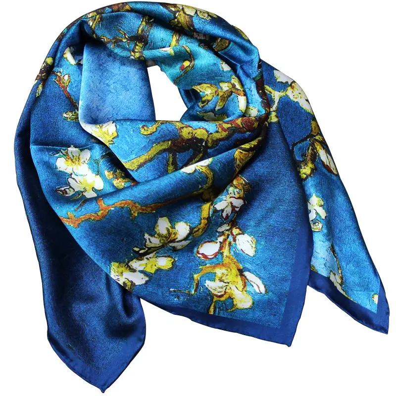 Blue Silk Scarf with Floral Pattern for Women - Image 6