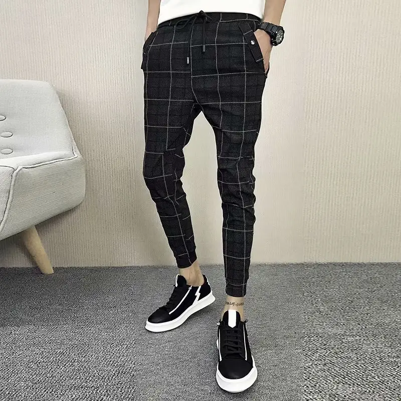 Men's Black Plaid Slim Fit Harem Pants - Image 4