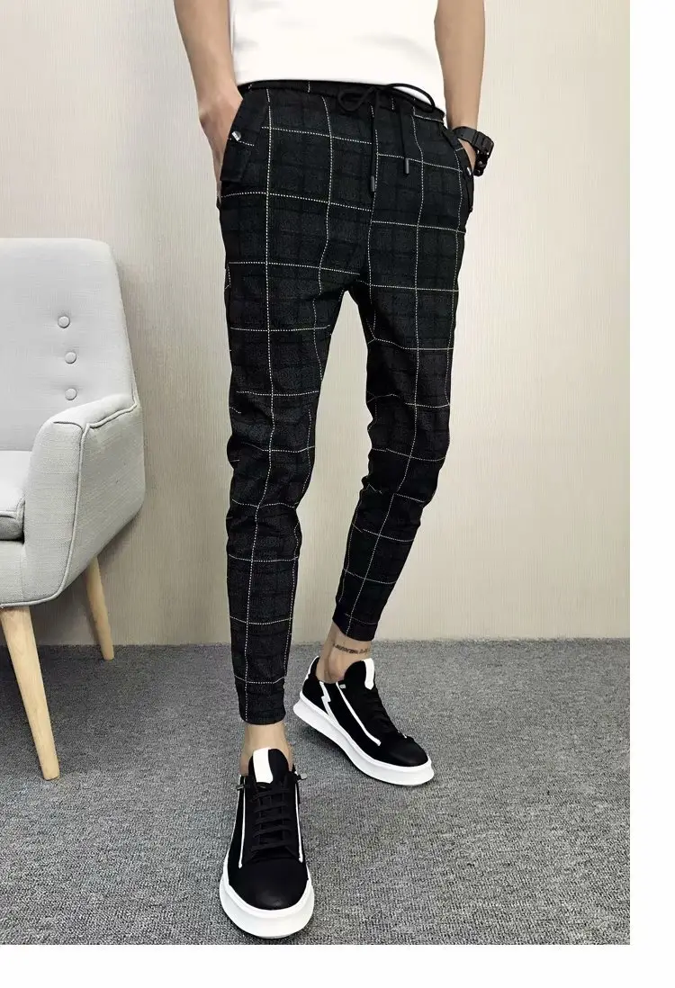 Men's Black Plaid Slim Fit Harem Pants - Image 5