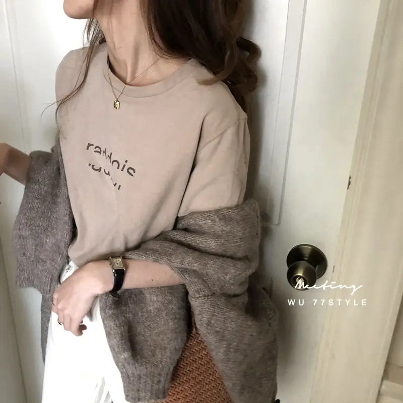 Women Letter Print Long Sleeve T-Shirt Brown Plus Size — feature 10