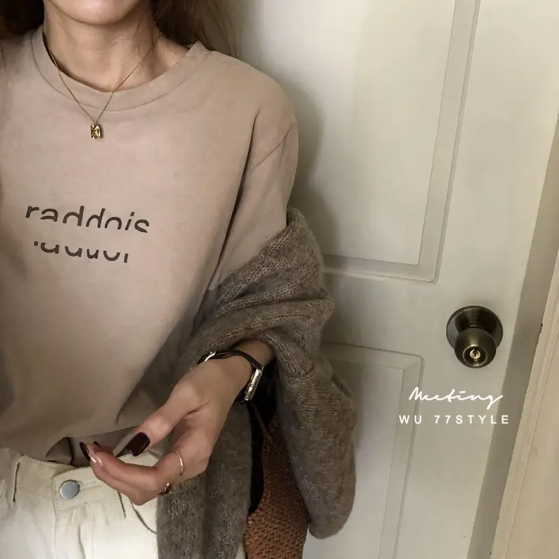 Women Letter Print Long Sleeve T-Shirt Brown Plus Size — feature 9