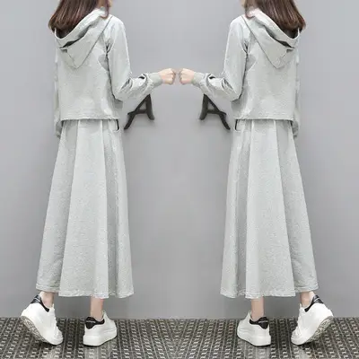 Women 2-Piece Grey Sweatshirt Skirt Set Spring Autumn - Image 3