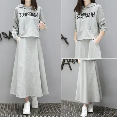 Women 2-Piece Grey Sweatshirt Skirt Set Spring Autumn - Image 4