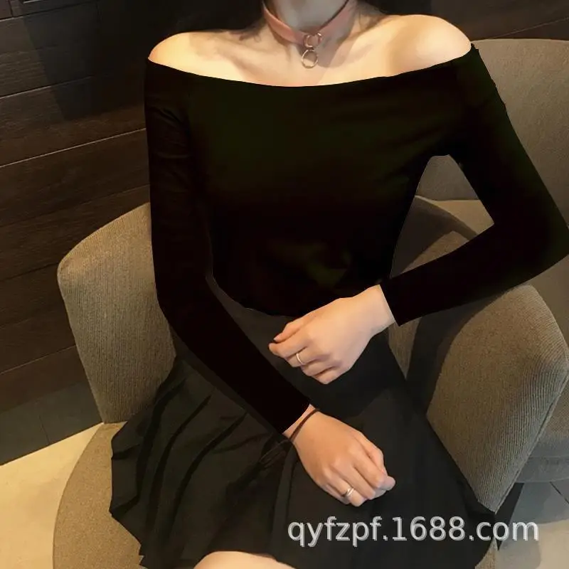 Black 2020 Women's Cotton One-Line Collar Top - Image 9