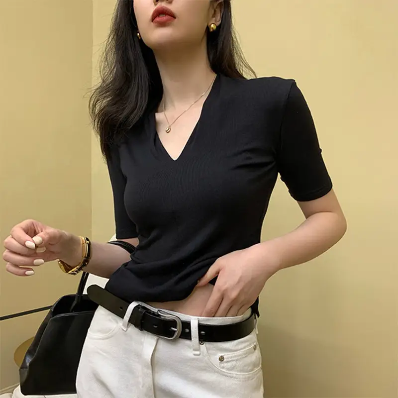 Black V-Neck Slim Fit Short Sleeve Top - Image 7