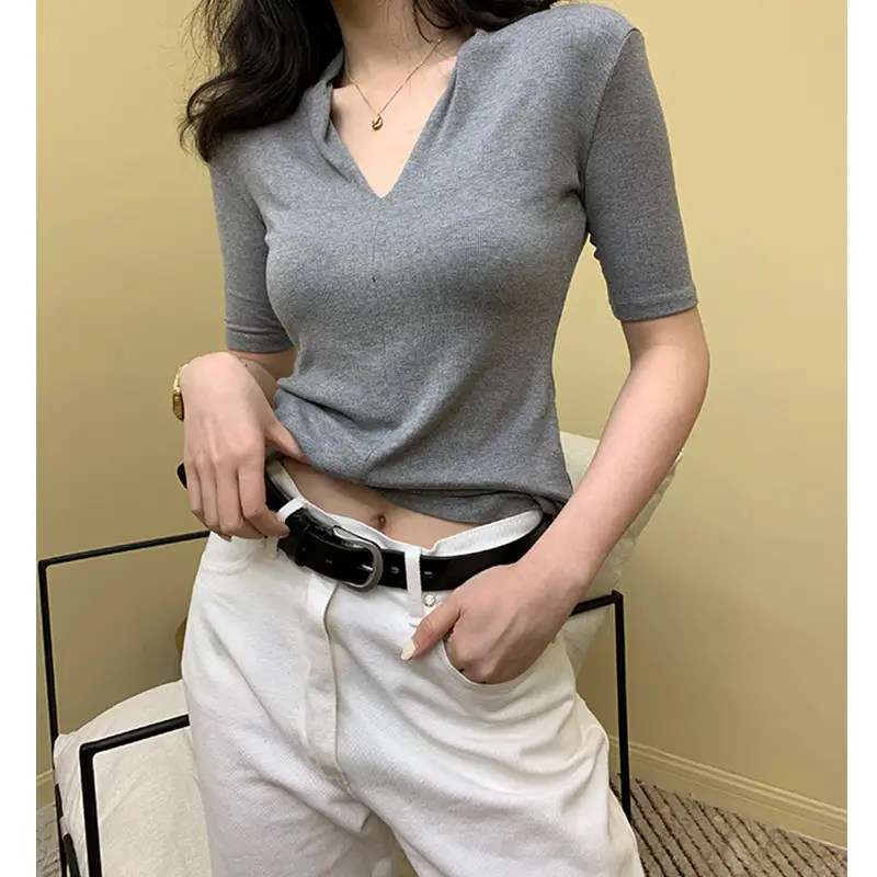 Black V-Neck Slim Fit Short Sleeve Top - Image 8