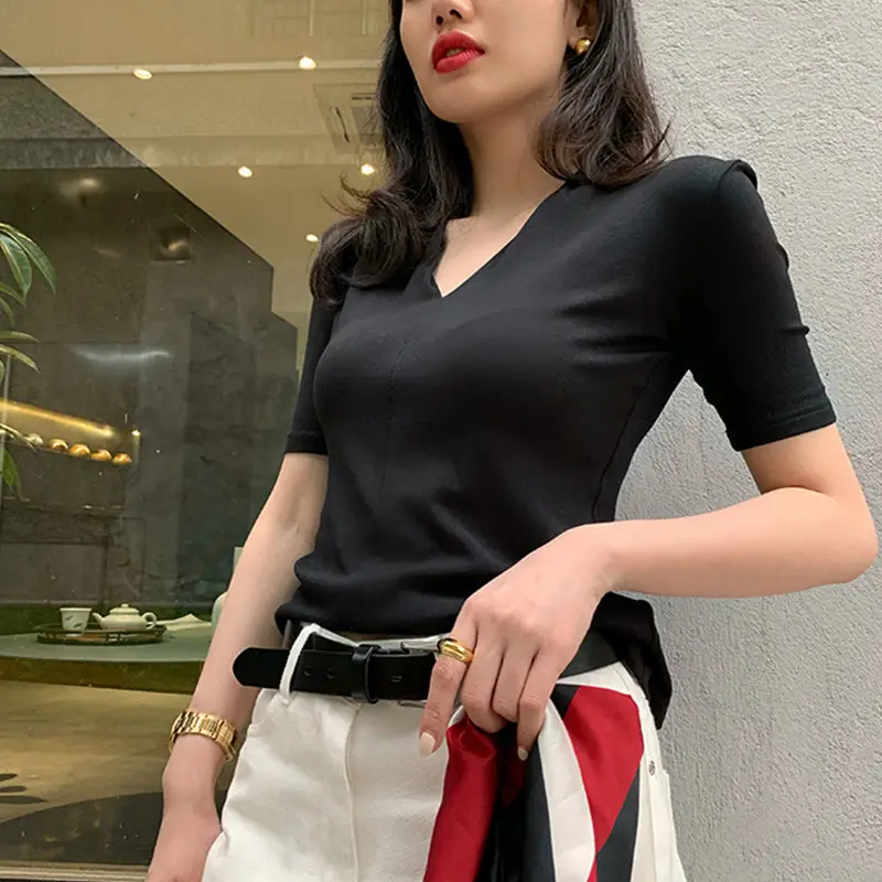 Black V-Neck Slim Fit Short Sleeve Top - Image 9