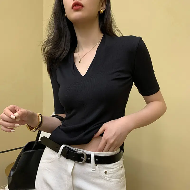 Black V-Neck Slim Fit Short Sleeve Top - Image 10