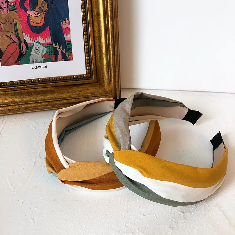 Women's Cross Pressed Hair Hoop Yellow Grey Wide Strap - Image 6