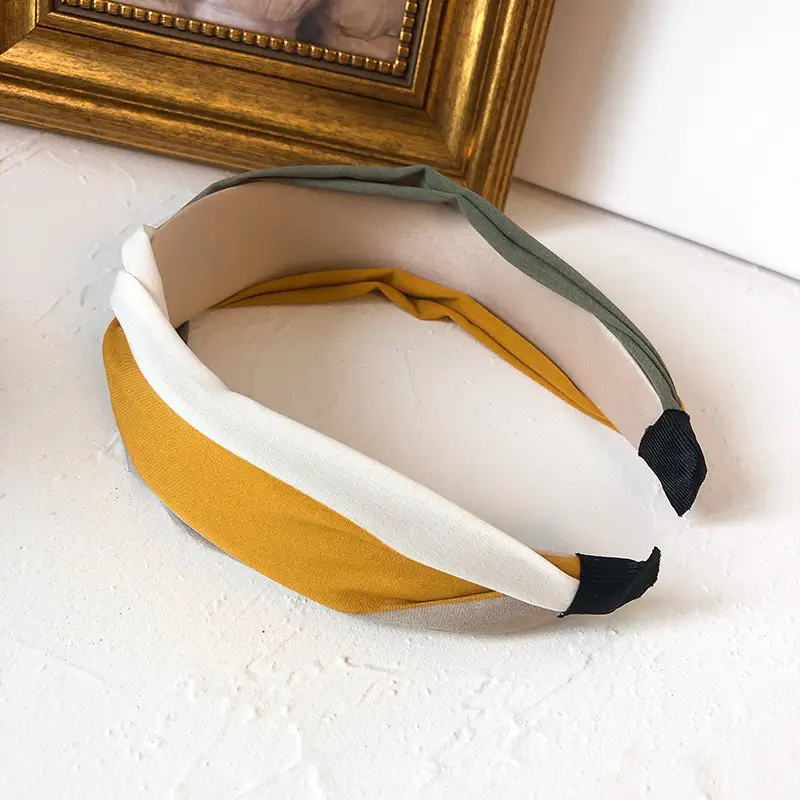 Women's Cross Pressed Hair Hoop Yellow Grey Wide Strap - Image 7