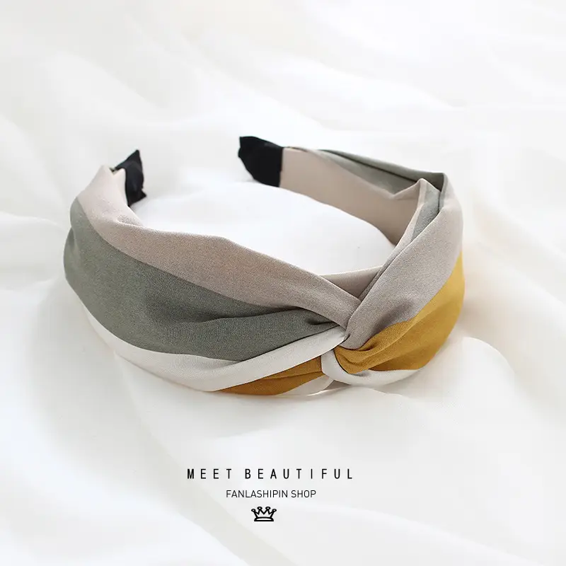 Women's Cross Pressed Hair Hoop Yellow Grey Wide Strap - Image 3