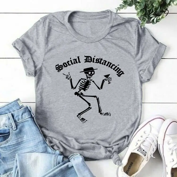 Social Distancing Skeleton T-Shirt White Short Sleeve