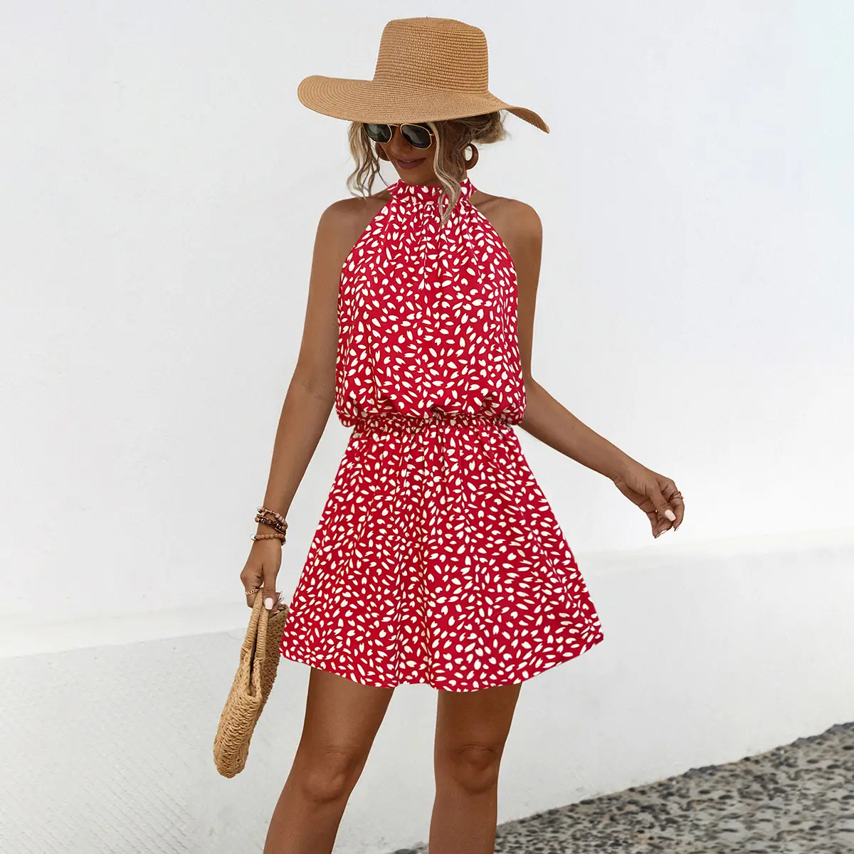 2024 Hot Selling Off-Shoulder Printed Halter Dress with Short Skirt - Image 6