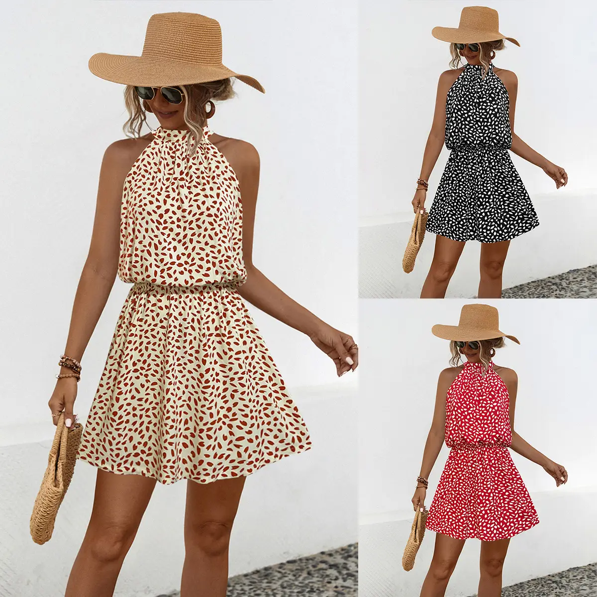 2024 Hot Selling Off-Shoulder Printed Halter Dress with Short Skirt — feature 2