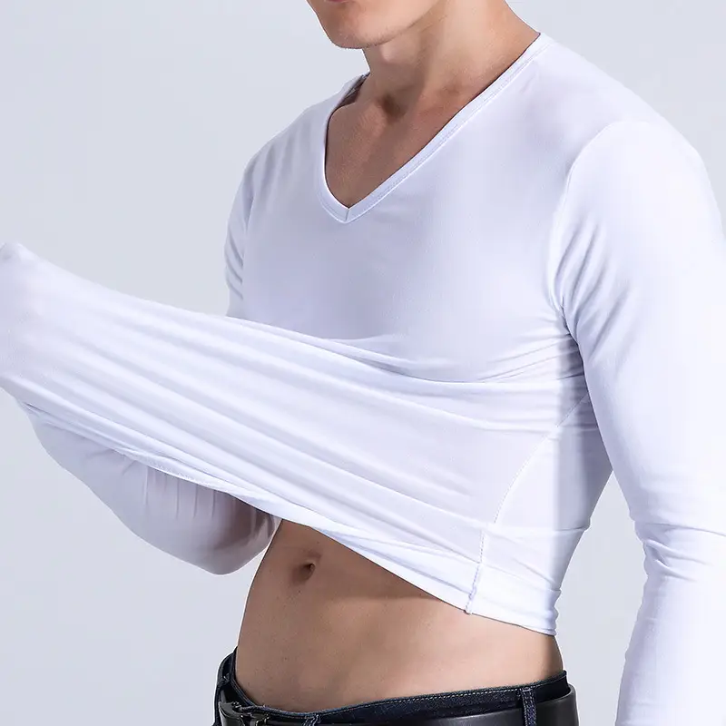 Men's Long Sleeve Solid Grey T-Shirt V Neck