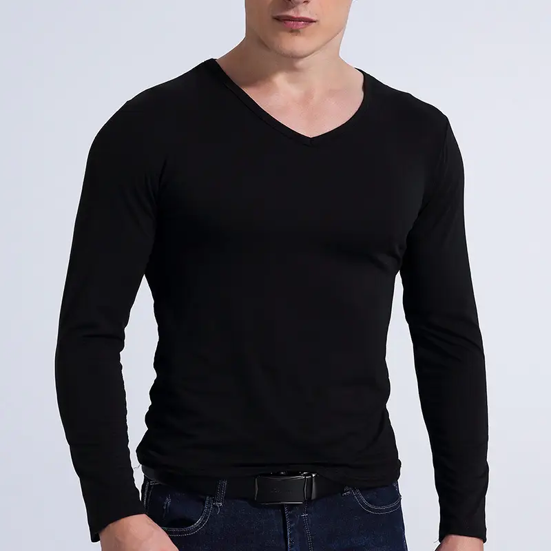Men's Long Sleeve Solid Grey T-Shirt V Neck