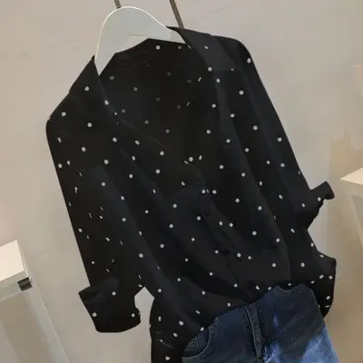 Women Korean Style White Polka Dot Shirt Mid Sleeve Loose Casual Cotton Linen V Neck