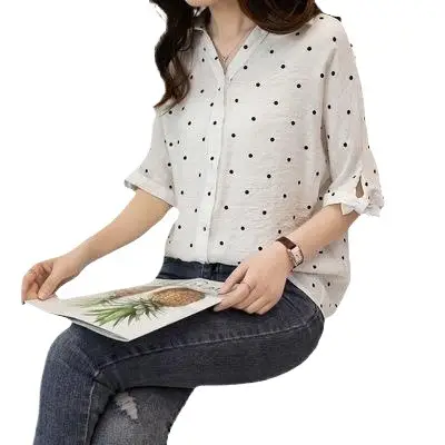 Women Korean Style White Polka Dot Shirt Mid Sleeve Loose Casual Cotton Linen V Neck