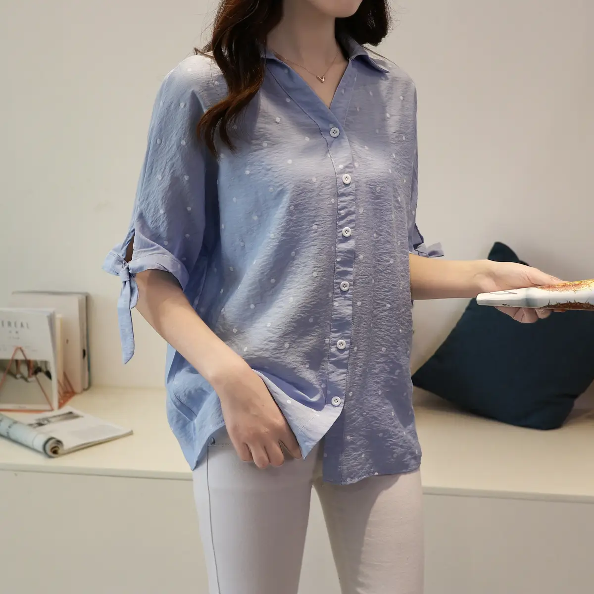 Women Korean Style White Polka Dot Shirt Mid Sleeve Loose Casual Cotton Linen V Neck — feature 10