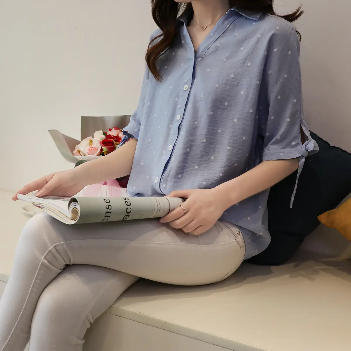 Women Korean Style White Polka Dot Shirt Mid Sleeve Loose Casual Cotton Linen V Neck — feature 11