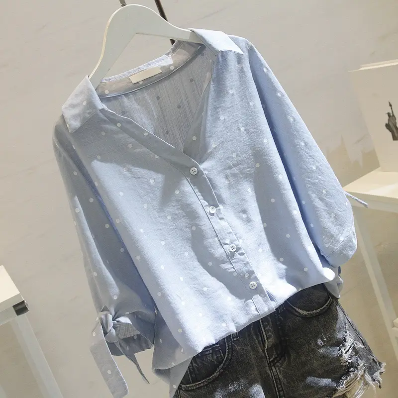 Women Korean Style White Polka Dot Shirt Mid Sleeve Loose Casual Cotton Linen V Neck — feature 14
