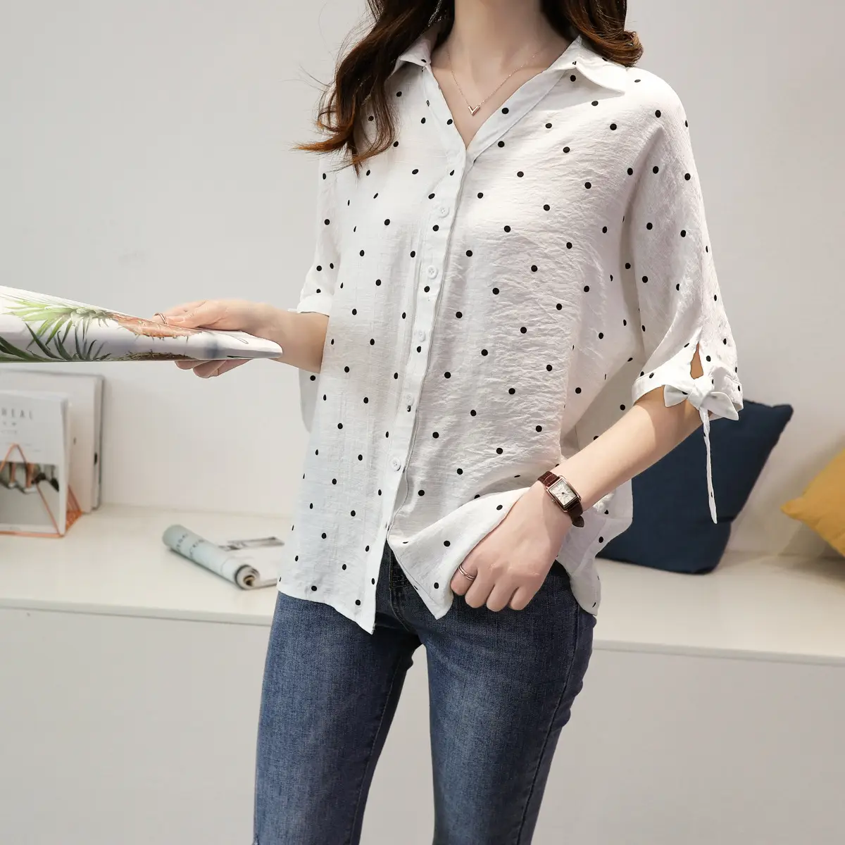 Women Korean Style White Polka Dot Shirt Mid Sleeve Loose Casual Cotton Linen V Neck — feature 2