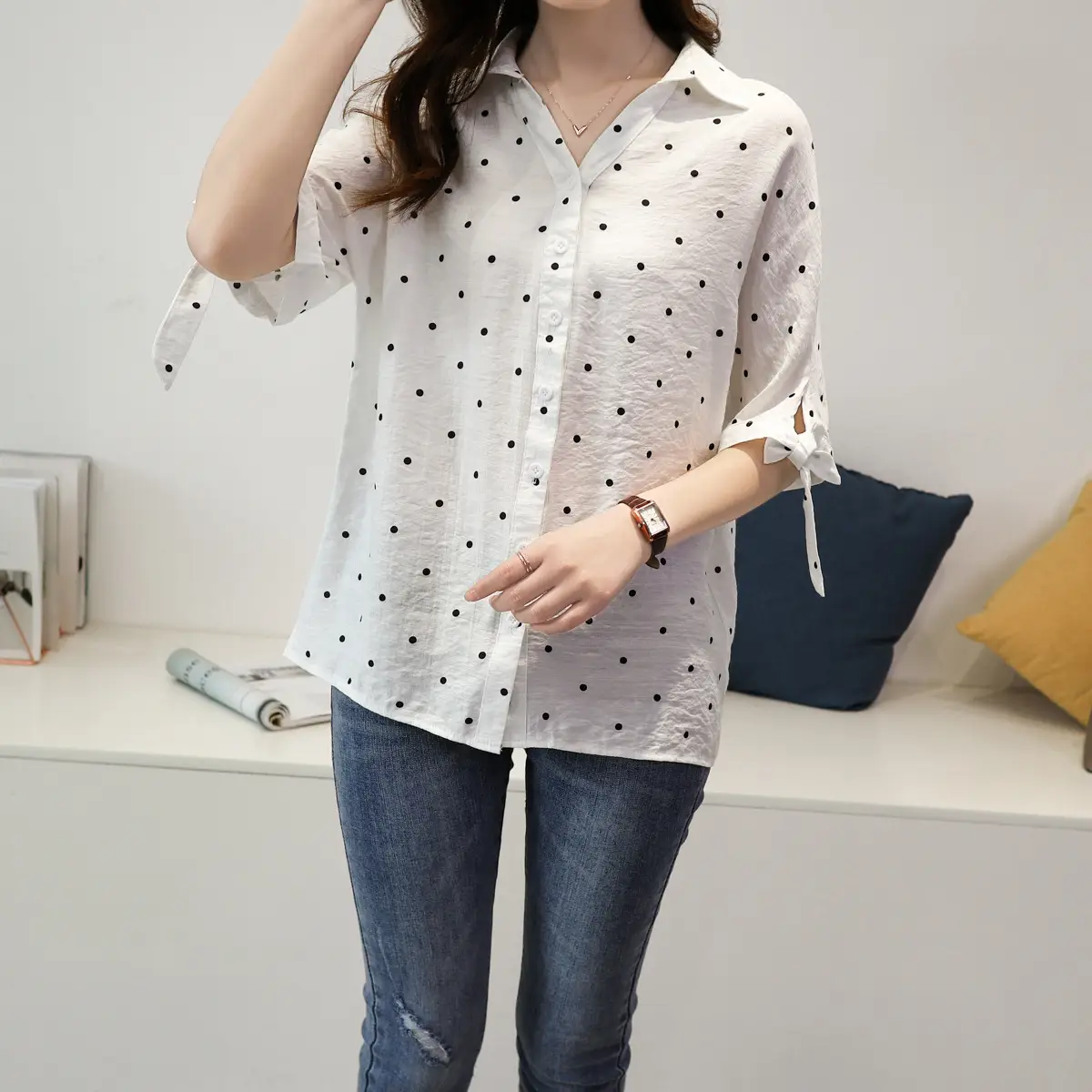 Women Korean Style White Polka Dot Shirt Mid Sleeve Loose Casual Cotton Linen V Neck — feature 4