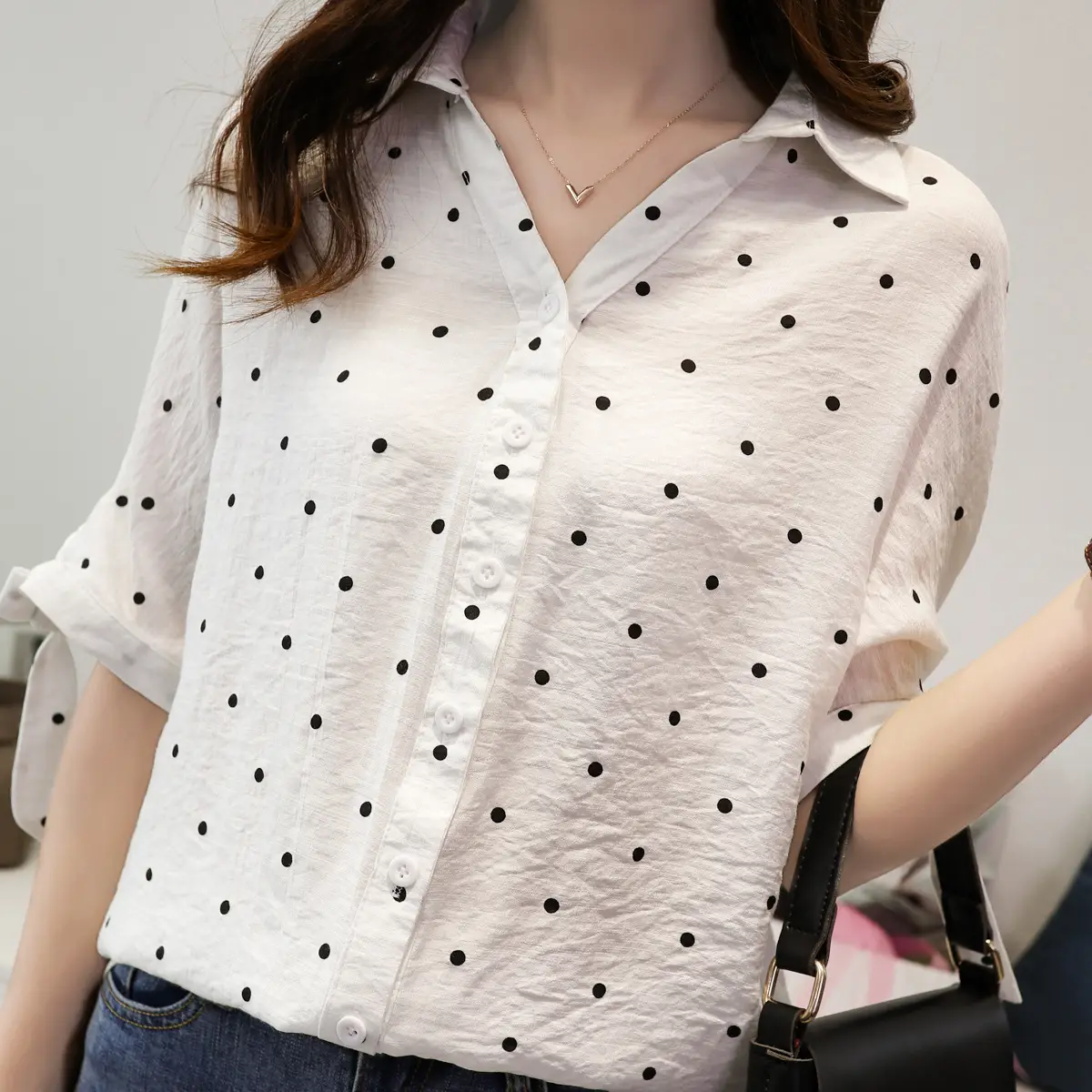 Women Korean Style White Polka Dot Shirt Mid Sleeve Loose Casual Cotton Linen V Neck — feature 5