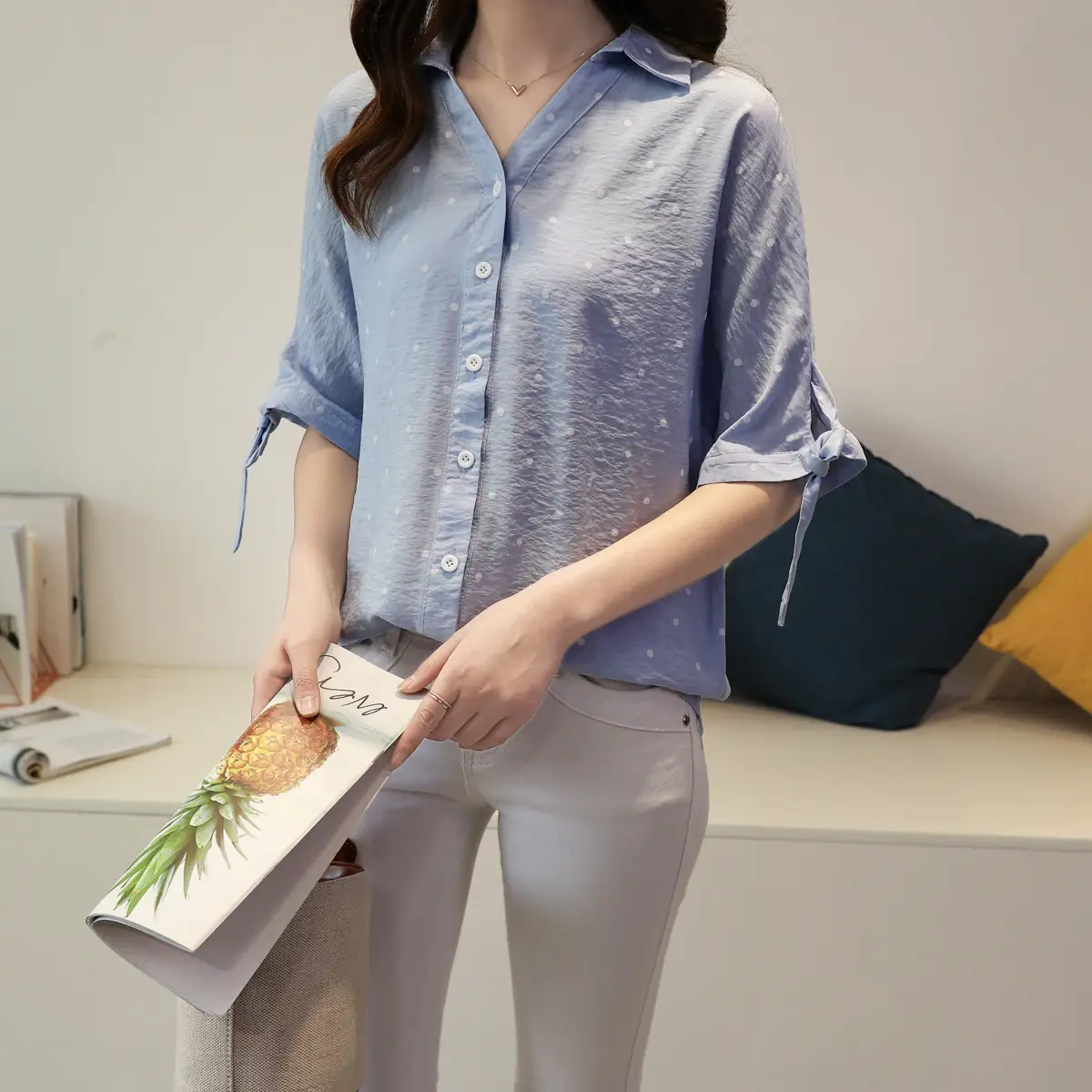 Women Korean Style White Polka Dot Shirt Mid Sleeve Loose Casual Cotton Linen V Neck — feature 7