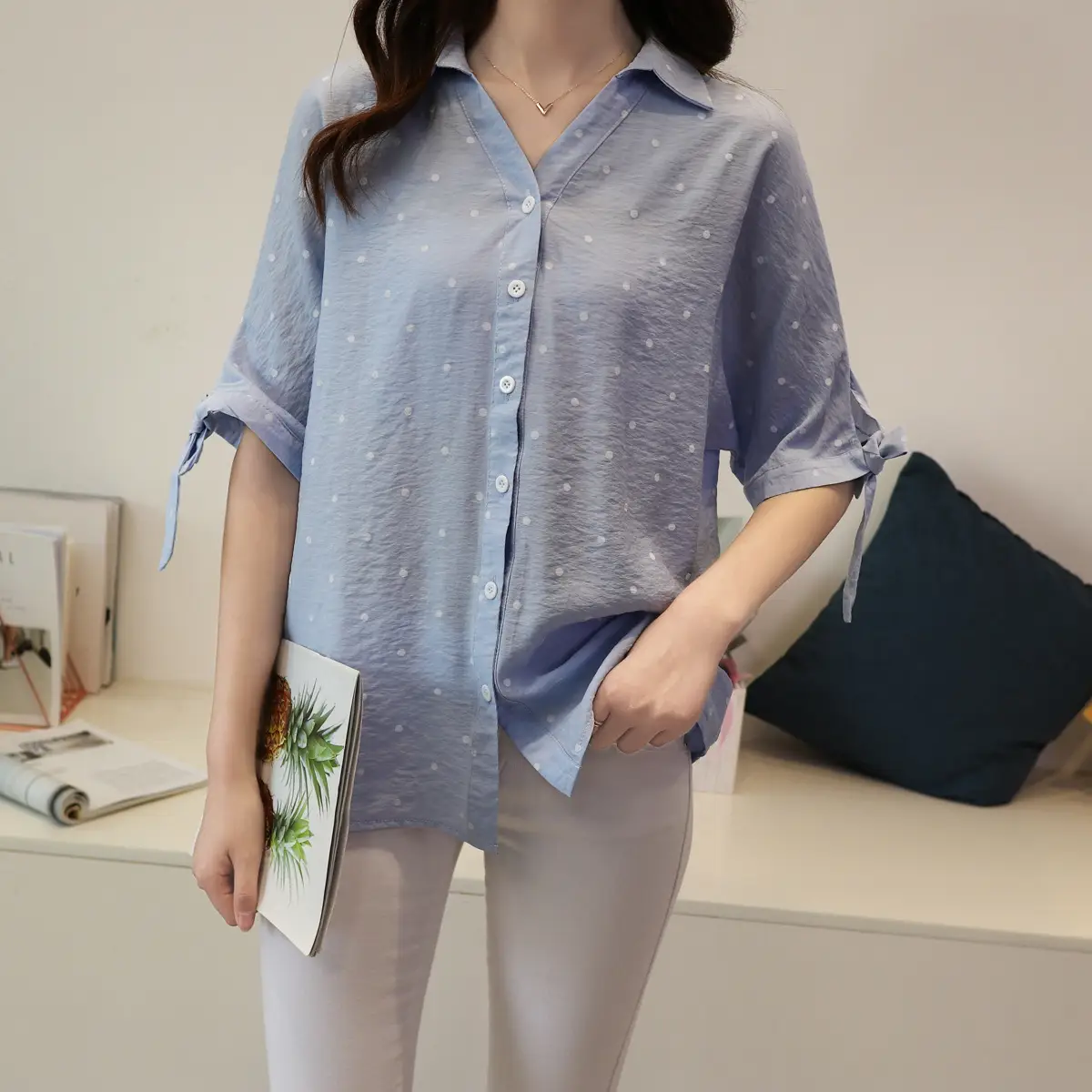 Women Korean Style White Polka Dot Shirt Mid Sleeve Loose Casual Cotton Linen V Neck — feature 8
