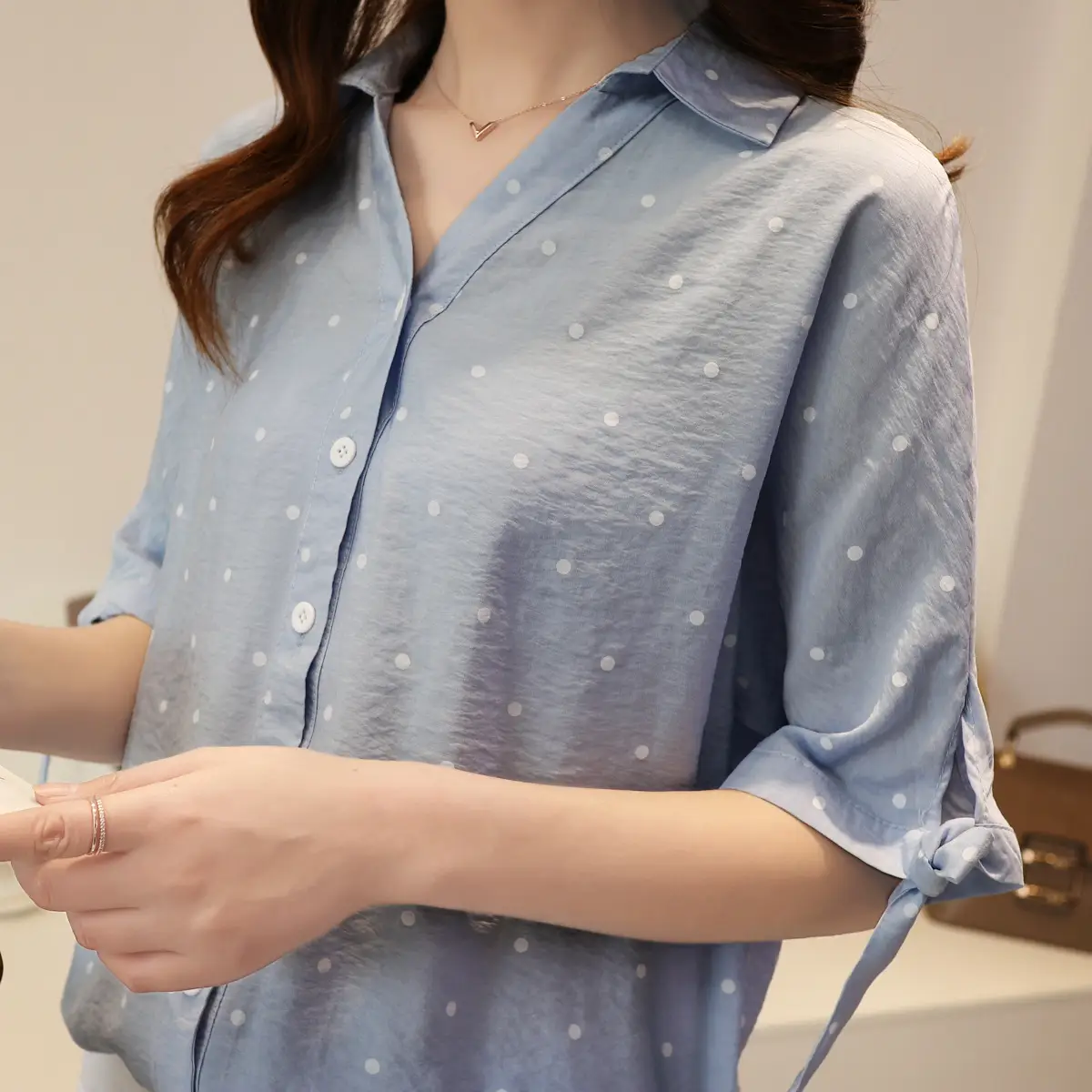 Women Korean Style White Polka Dot Shirt Mid Sleeve Loose Casual Cotton Linen V Neck — feature 9