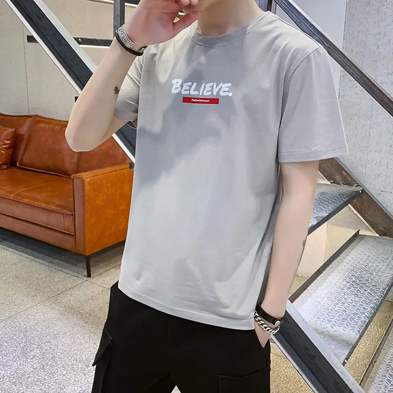 Men's Grey T-Shirt with "BELIEVE" Print Large - Image 6