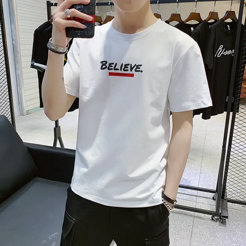 Men's Grey T-Shirt with "BELIEVE" Print Large - Image 12