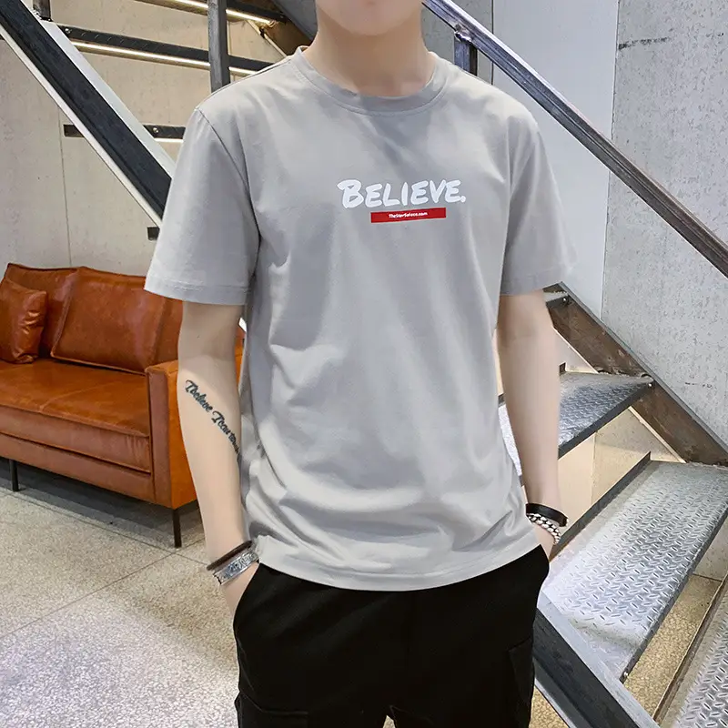 Men's Grey T-Shirt with "BELIEVE" Print Large - Image 2